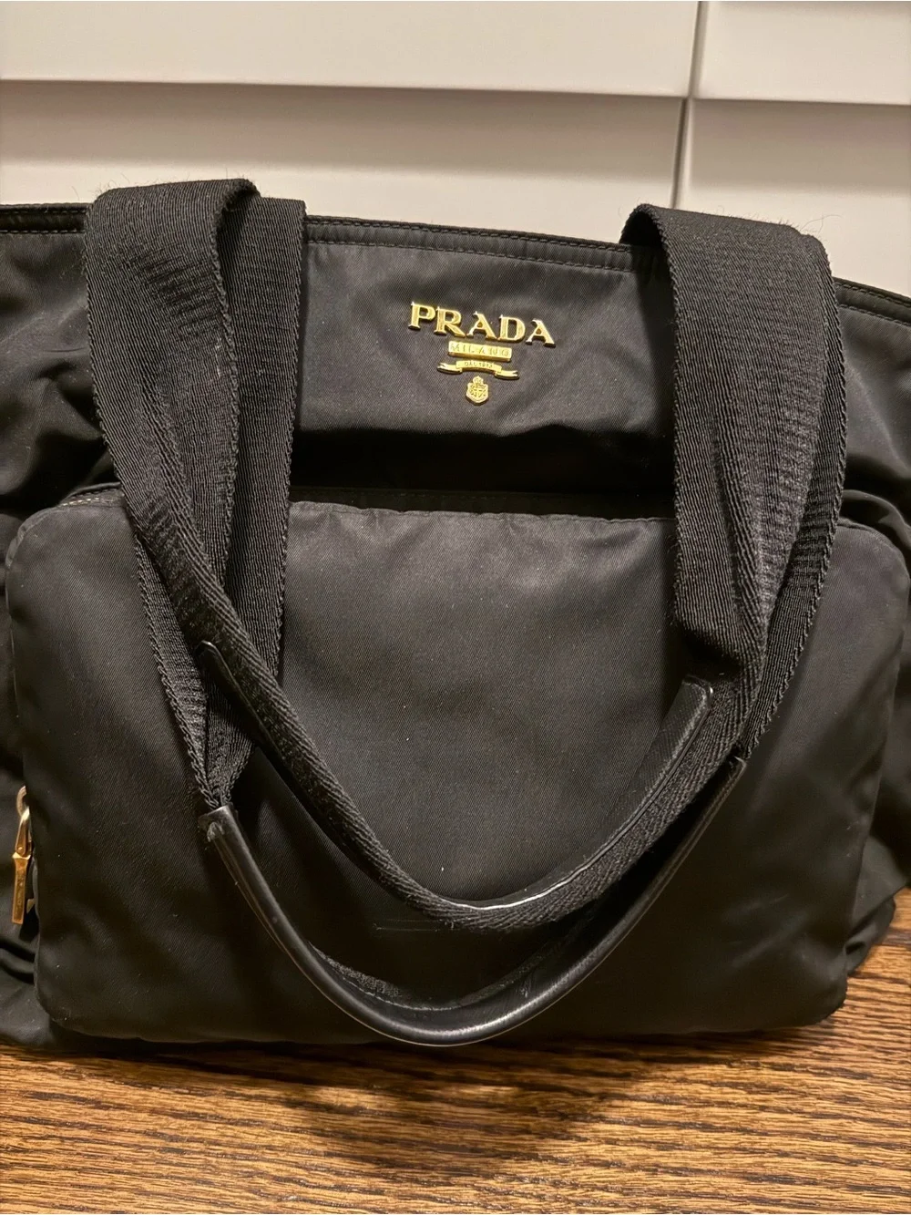 PRADA Vintage Black Nylon Diaper / Baby Bag with Gold Hardware + Dust Bag